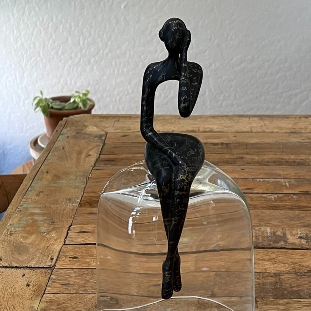 Modern Sleek ‘The Thinker’ Sitting Lady Woman Figure 9.5" Black Gold Writing